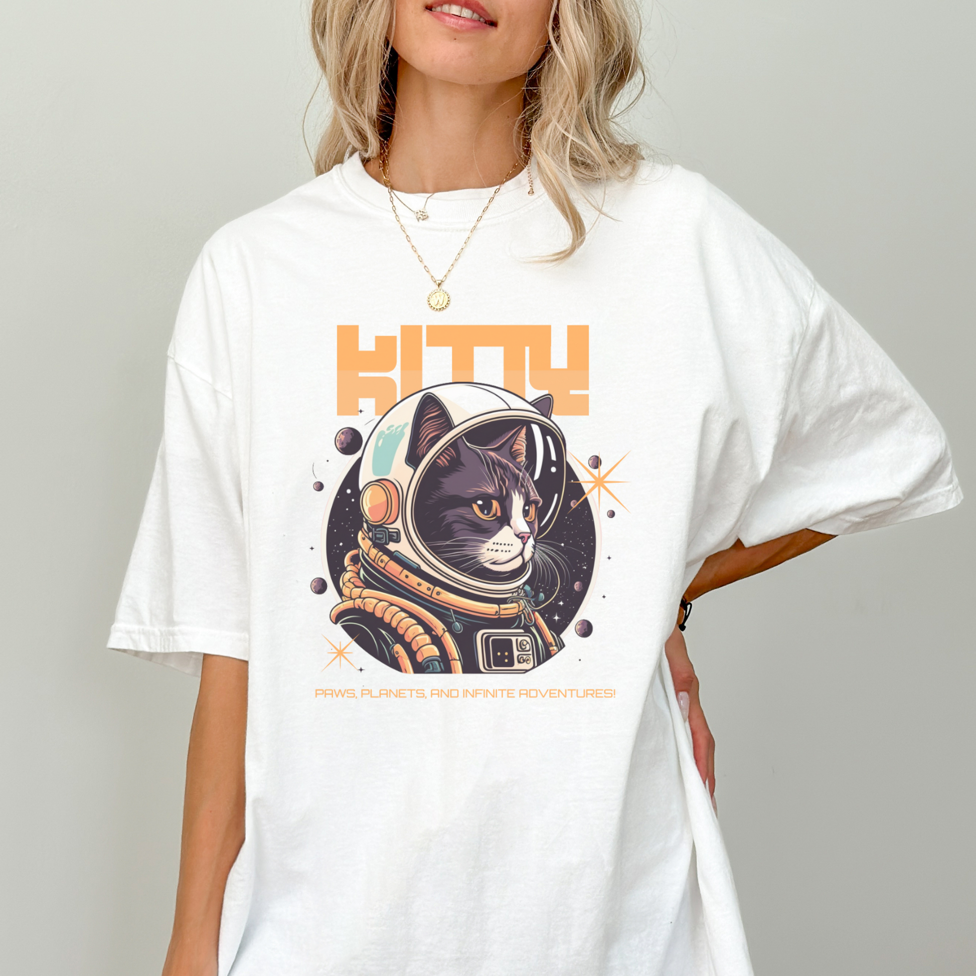 Hvit space kitty t-skjorte, t-skjorte katt