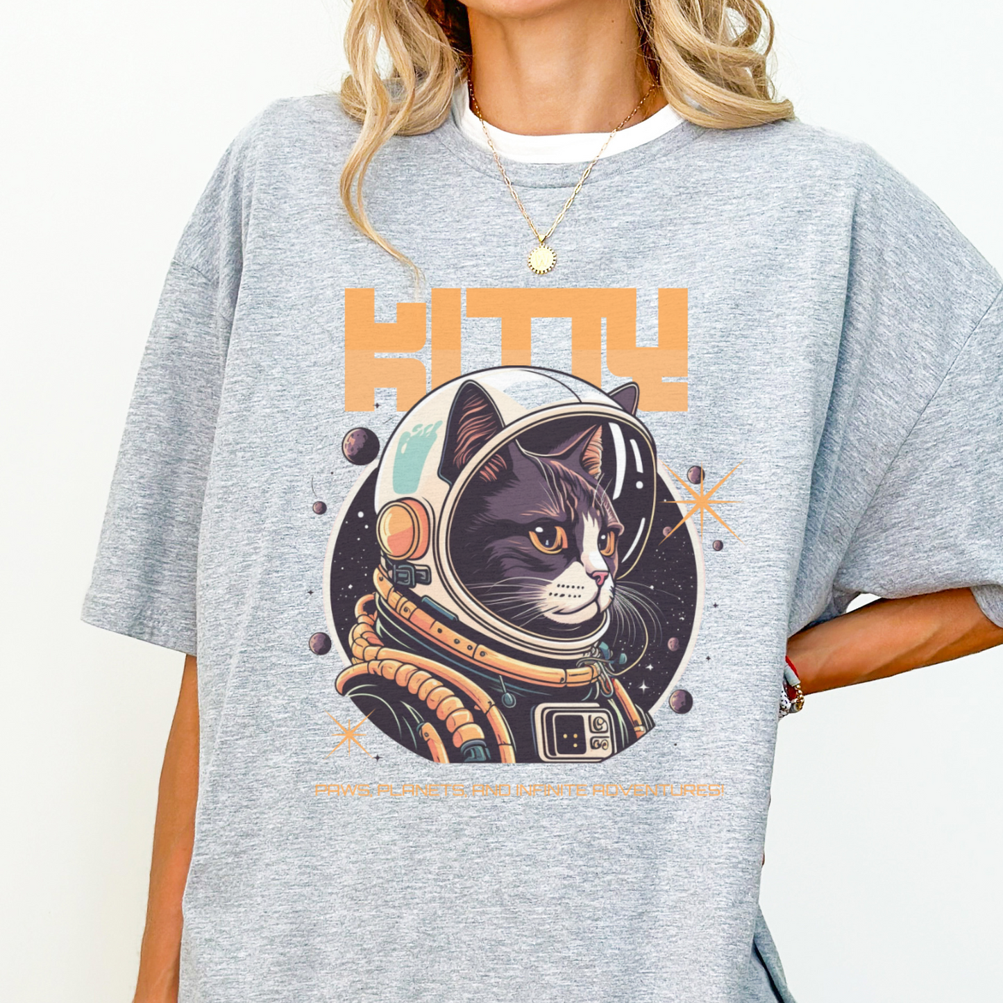 Grå space kitty t-skjorte, t-skjorte katt