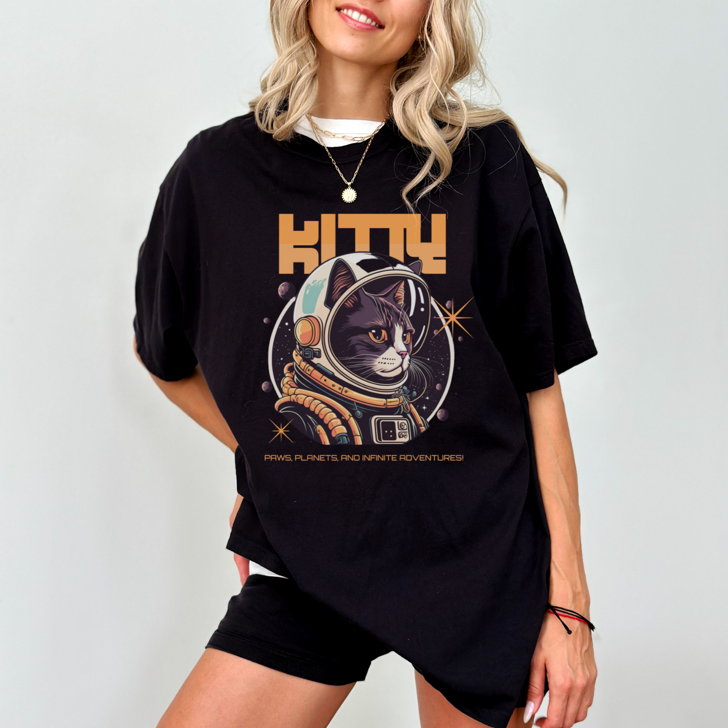 Svart space kitty t-skjorte, t-skjorte katt