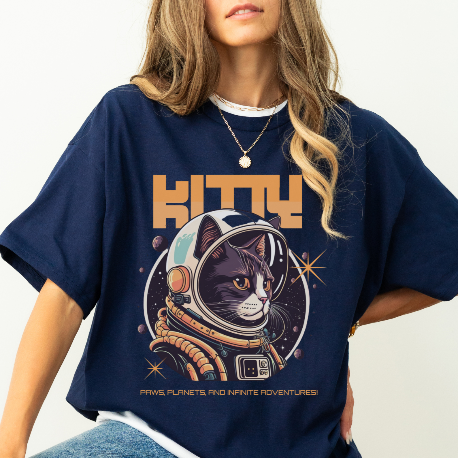 Blå space kitty t-skjorte, t-skjorte katt