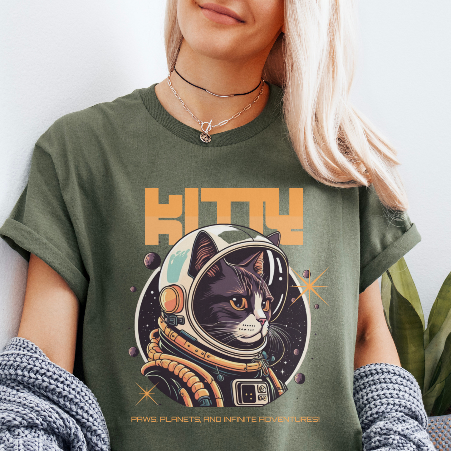 Grønn space kitty t-skjorte, t-skjorte katt