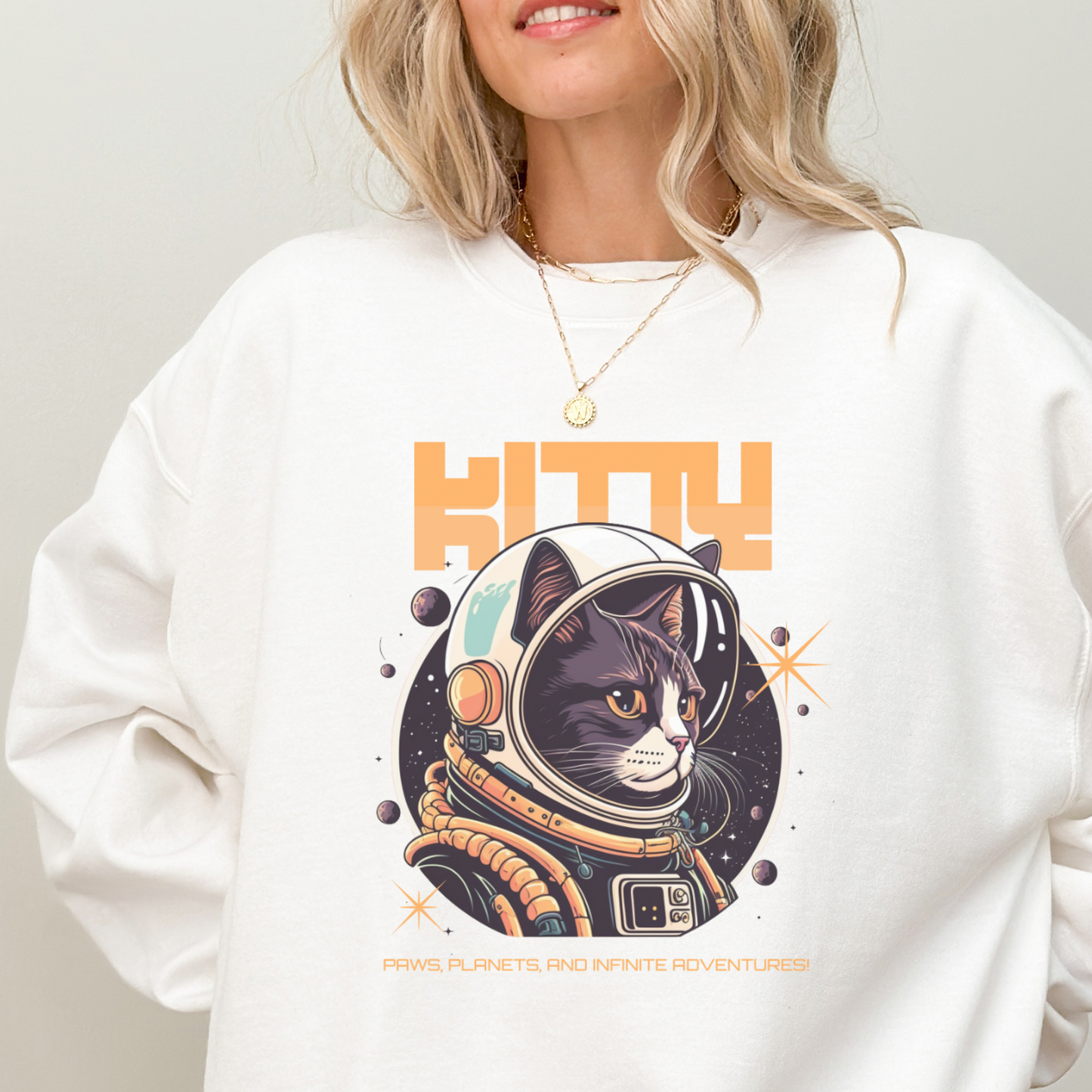 Hvit space kitty genser, kattegenser, genser kattemotiv