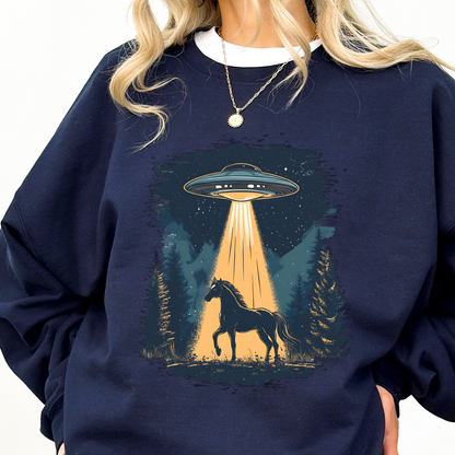 Blå hestegenser med UFO-hest